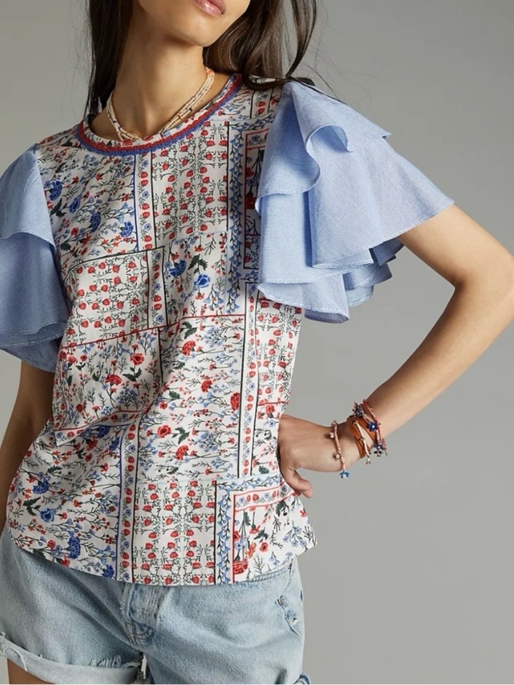 Anthropologie Let Me Be Mixed Media Embroidered Flutter Sleeve Blouse M Boho